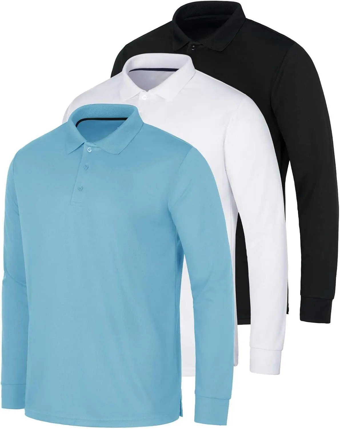Real Essentials 3 Pack Men's Dry Fit Long-Sleeve Active Polo Shirt Casual Performance Golf (Available in Big & Tall)