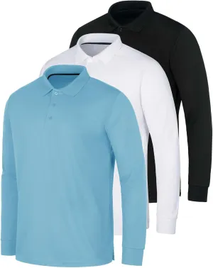 Real Essentials 3 Pack Men's Dry Fit Long-Sleeve Active Polo Shirt Casual Performance Golf (Available in Big & Tall)
