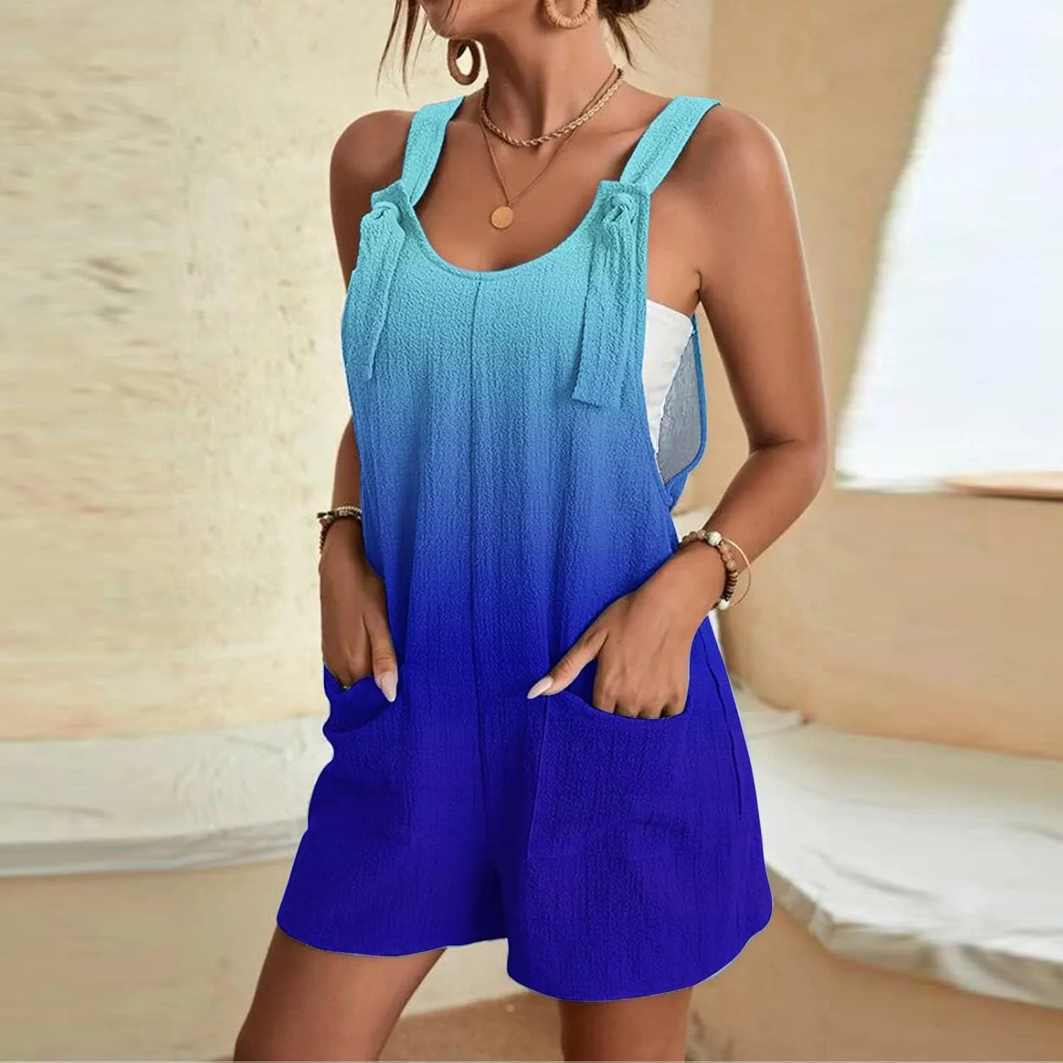 Summer Jumpsuits for Women 2025 Casual Sleeveless Short Overalls Loose Fit Adjustable Straps Rompers with Pockets