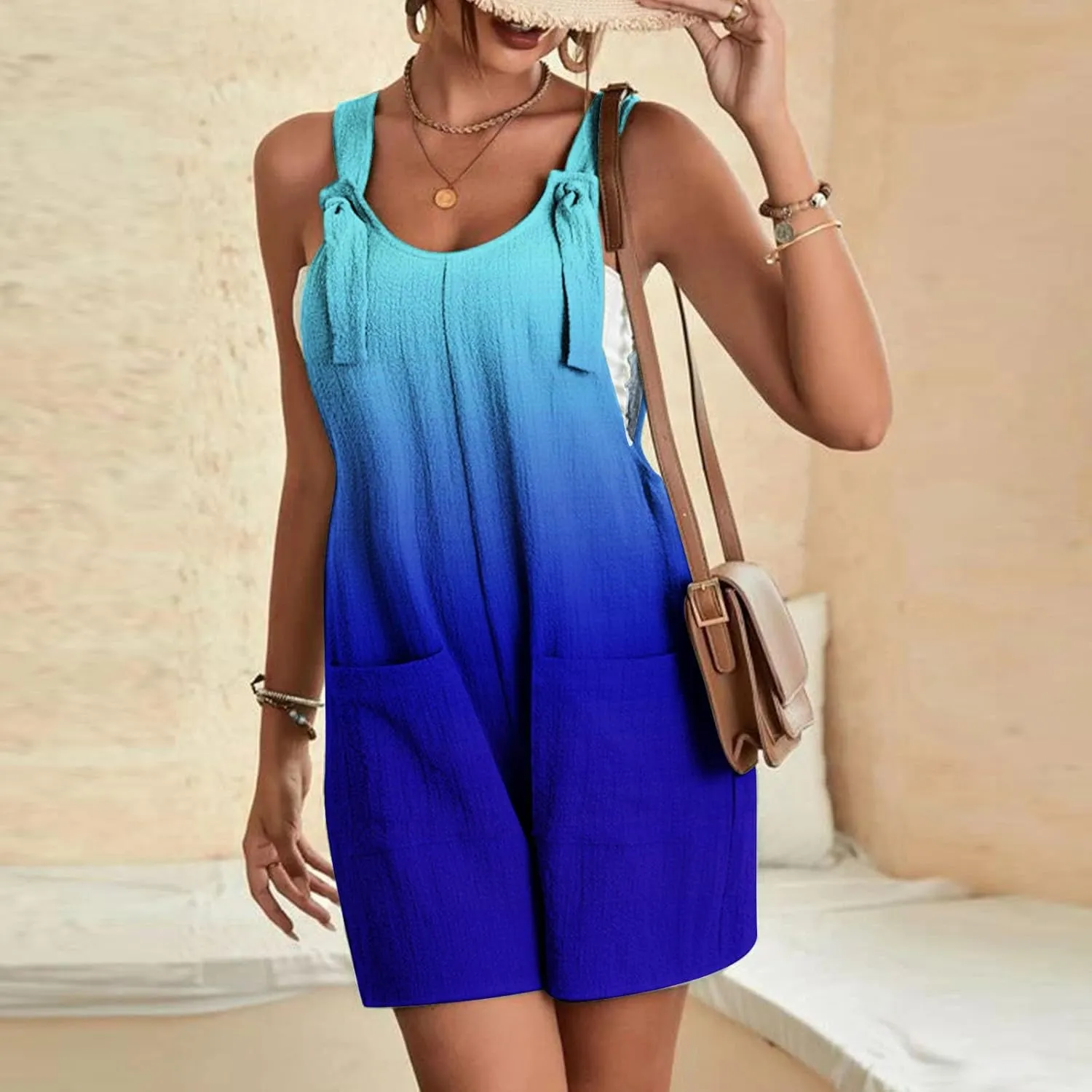 Summer Jumpsuits for Women 2025 Casual Sleeveless Short Overalls Loose Fit Adjustable Straps Rompers with Pockets
