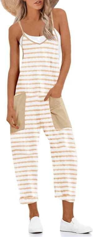 Tankaneo Womens Summer Beach Jumpsuits Casual V Neck Patchwork Overalls Comfy Loose Fit Striped Long Pants Rompers