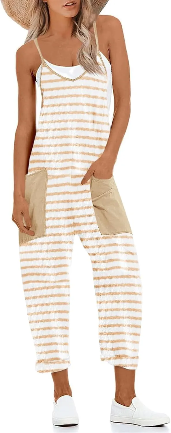 Tankaneo Womens Summer Beach Jumpsuits Casual V Neck Patchwork Overalls Comfy Loose Fit Striped Long Pants Rompers