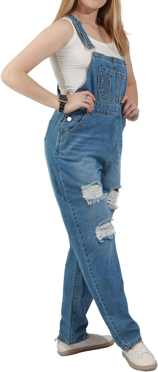 utcoco Women's Fashion Jean Bib Overalls Adjustable Straps Ripped Distressed Denim Denim Pants