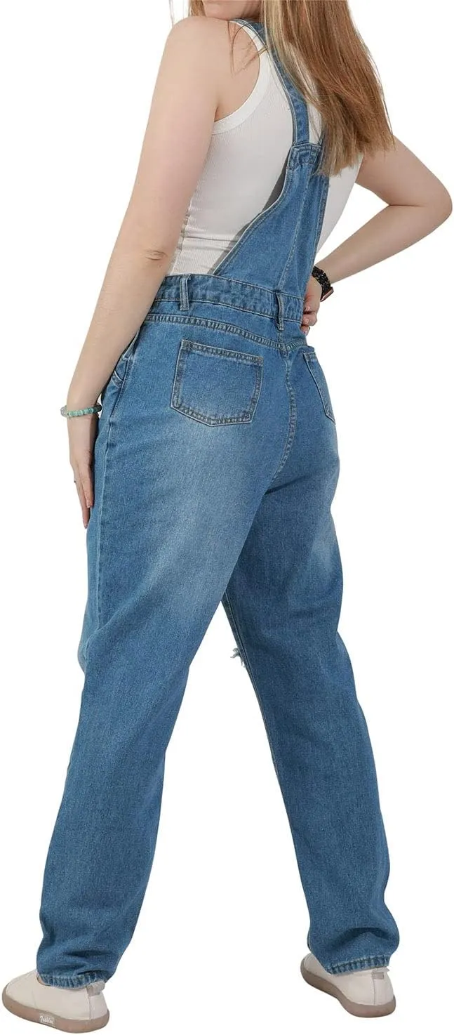 utcoco Women's Fashion Jean Bib Overalls Adjustable Straps Ripped Distressed Denim Denim Pants