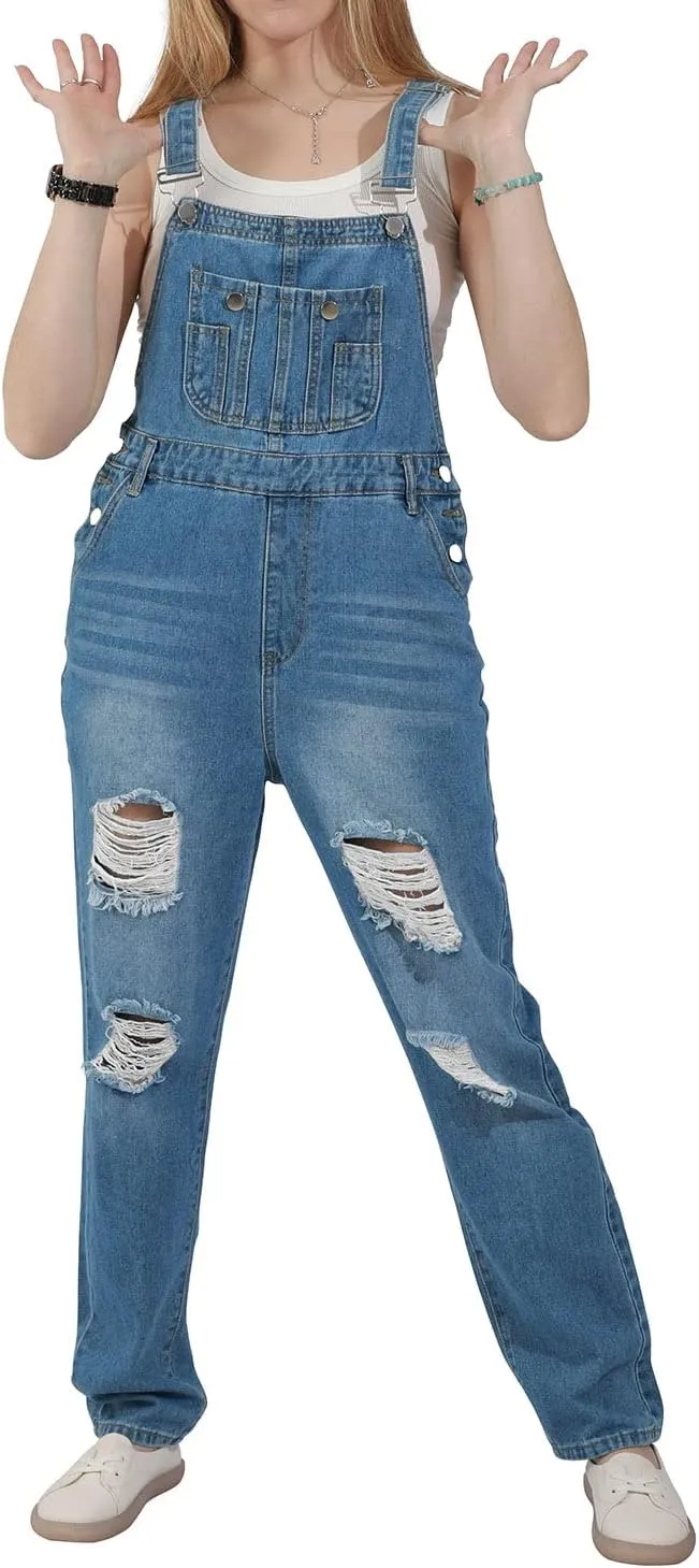 utcoco Women's Fashion Jean Bib Overalls Adjustable Straps Ripped Distressed Denim Denim Pants