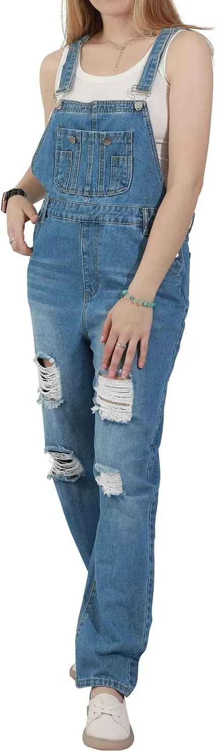 utcoco Women's Fashion Jean Bib Overalls Adjustable Straps Ripped Distressed Denim Denim Pants