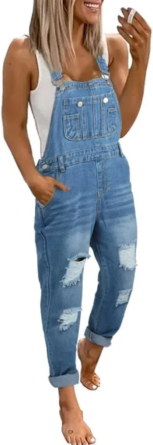 utcoco Women's Fashion Jean Bib Overalls Adjustable Straps Ripped Distressed Denim Denim Pants