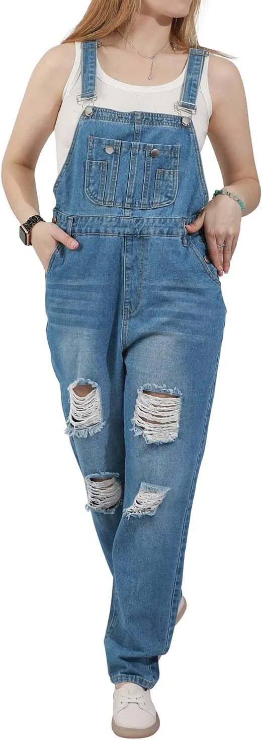 utcoco Women's Fashion Jean Bib Overalls Adjustable Straps Ripped Distressed Denim Denim Pants
