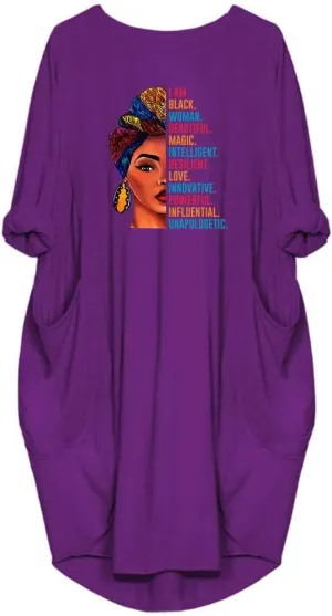 WbJetr Black Woman Beautiful Magic Printed Loose Pocket Oversize Tunic T-Shirt Dress