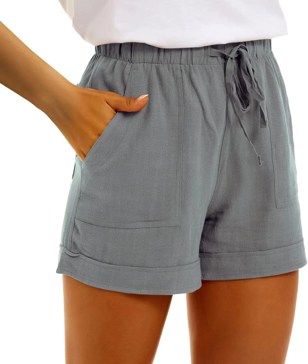 Women Casual Cotton Linen Shorts Drawstring Comfy Elastic Waist Shorts Summer Pull On Short with Pockets(S-3XL)
