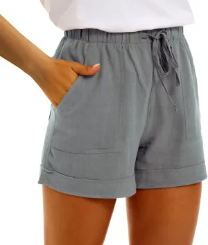 Women Casual Cotton Linen Shorts Drawstring Comfy Elastic Waist Shorts Summer Pull On Short with Pockets(S-3XL)