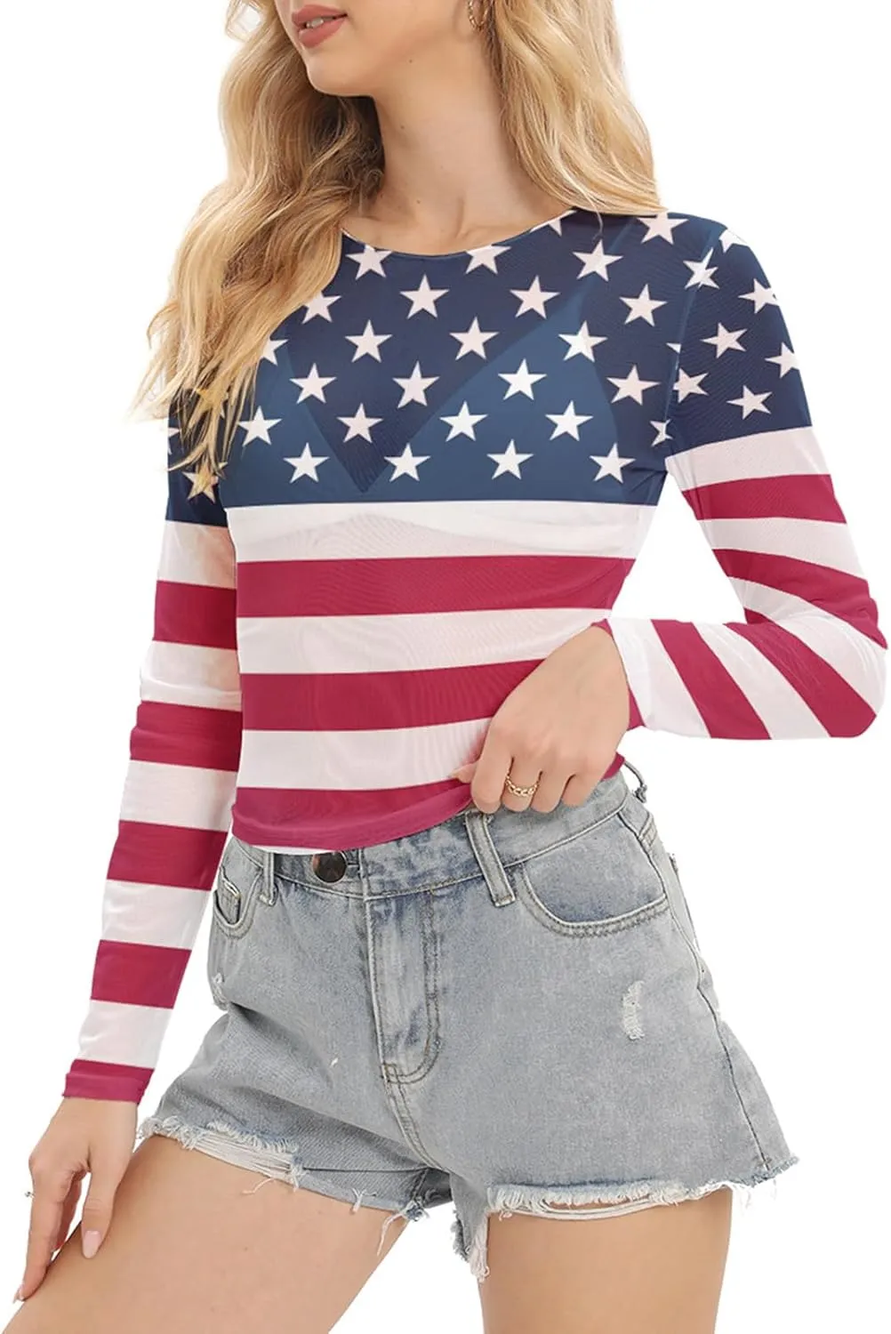 Women Mesh Printed Crop Top Shirt Long-Sleeved Slim Cool T-Shirts Modern Punk Street Tops