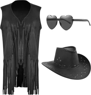 Women Tassel Fringe Vest 70s Hippie Faux Suede Sleeveless Jacket Outfits with Cowboy Hat and Heart-Shaped Sunglasses