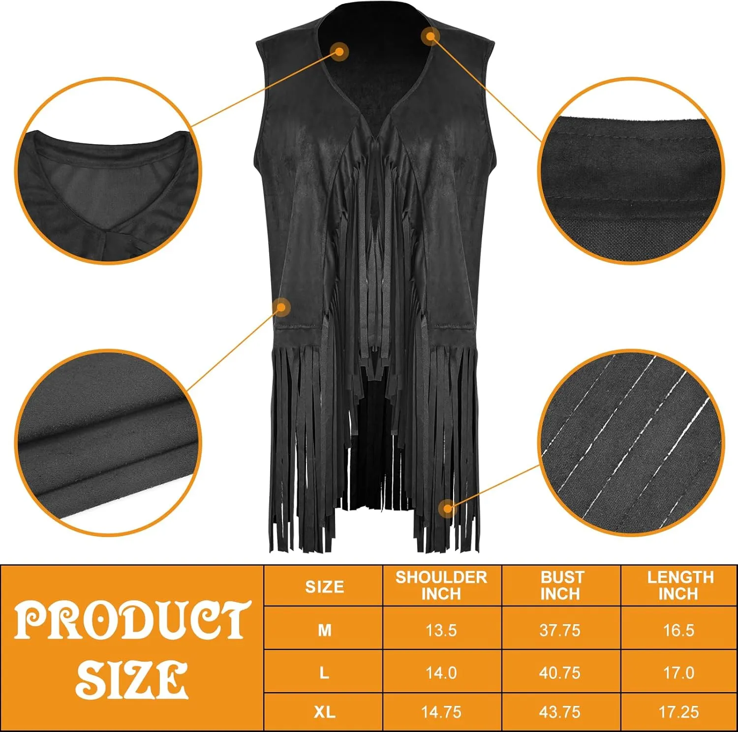 Women Tassel Fringe Vest 70s Hippie Faux Suede Sleeveless Jacket Outfits with Cowboy Hat and Heart-Shaped Sunglasses