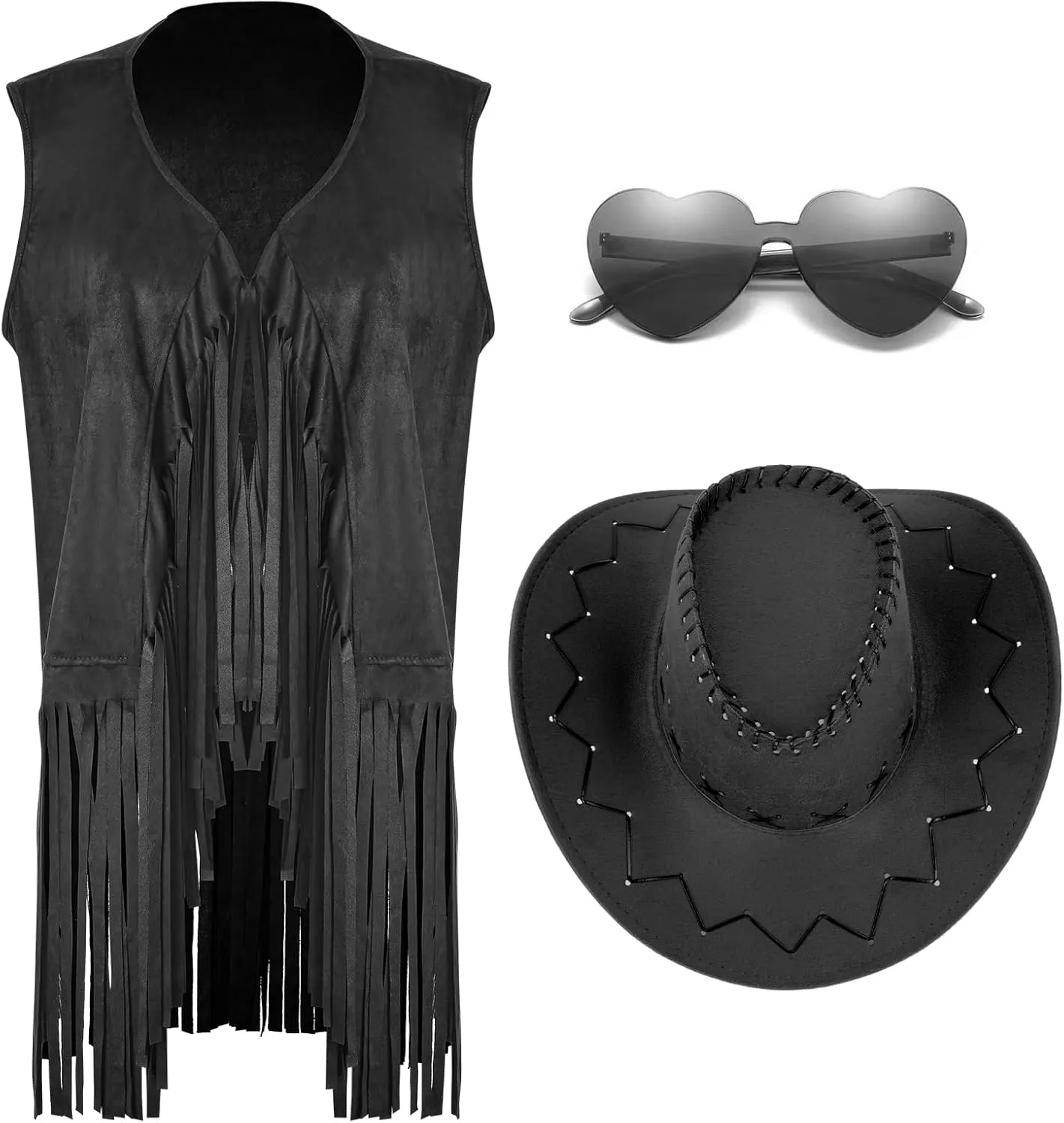 Women Tassel Fringe Vest 70s Hippie Faux Suede Sleeveless Jacket Outfits with Cowboy Hat and Heart-Shaped Sunglasses