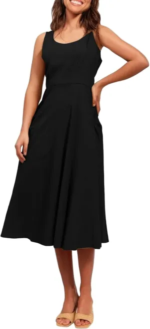 Womens 2025 Spring Summer Square Neck Sleeveless Flowy Swing Midi Dress Wedding Guest Prom Cocktail Party Dress