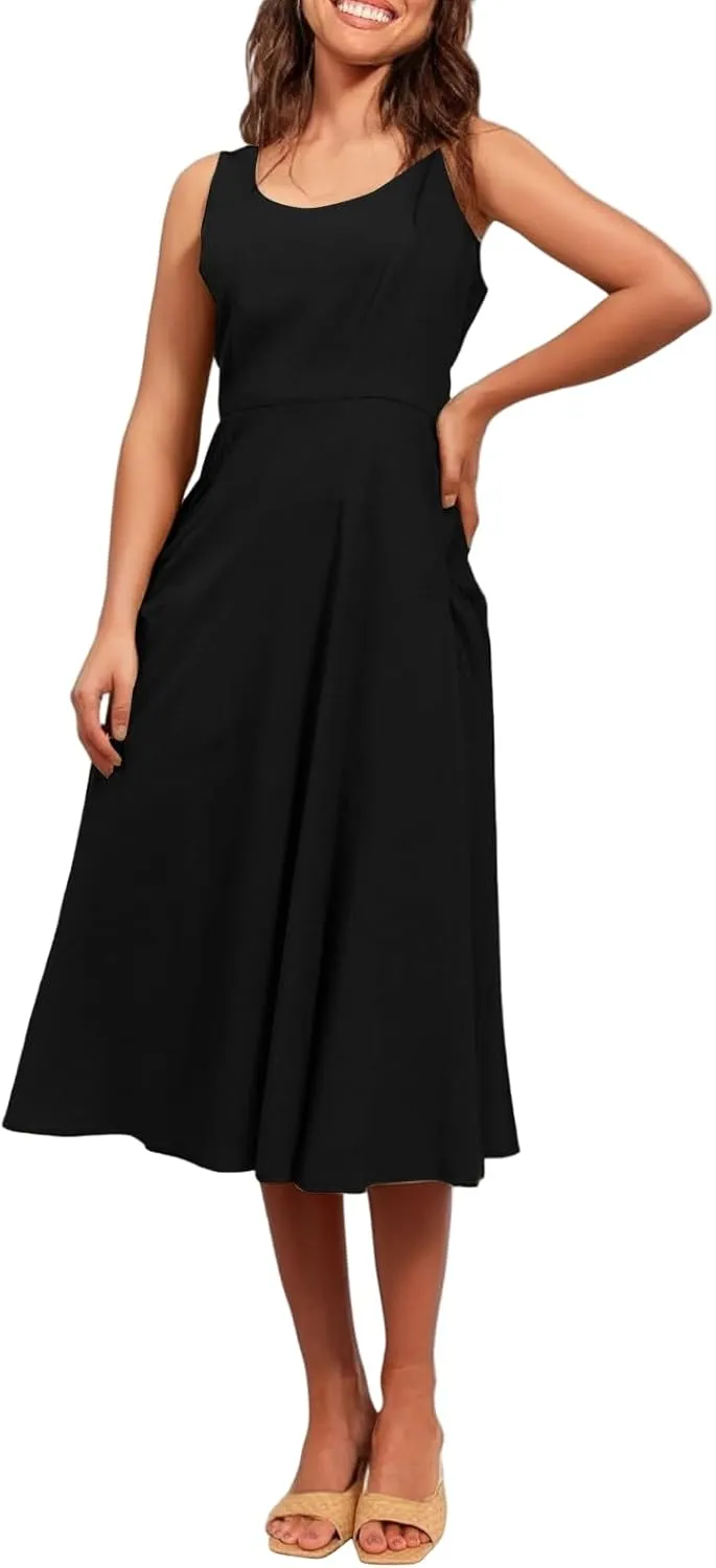 Womens 2025 Spring Summer Square Neck Sleeveless Flowy Swing Midi Dress Wedding Guest Prom Cocktail Party Dress