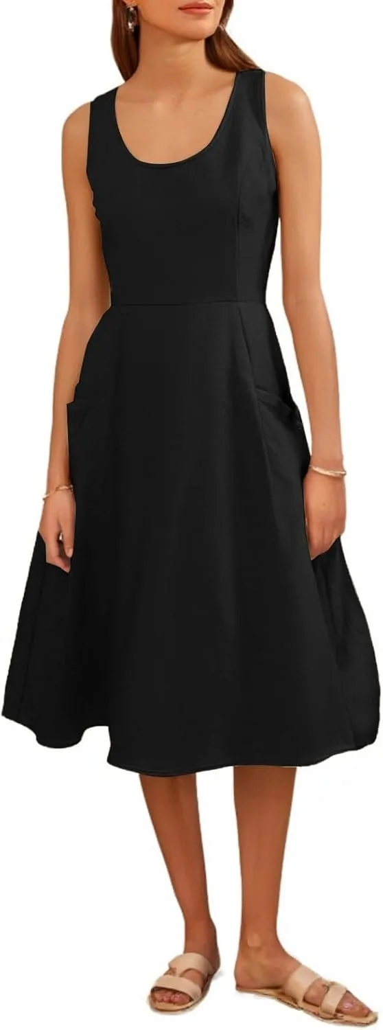 Womens 2025 Spring Summer Square Neck Sleeveless Flowy Swing Midi Dress Wedding Guest Prom Cocktail Party Dress