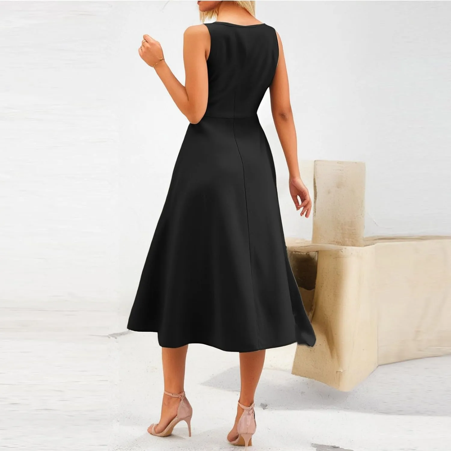 Womens 2025 Spring Summer Square Neck Sleeveless Flowy Swing Midi Dress Wedding Guest Prom Cocktail Party Dress