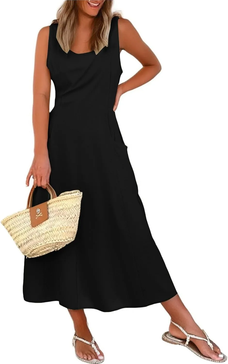 Womens 2025 Spring Summer Square Neck Sleeveless Flowy Swing Midi Dress Wedding Guest Prom Cocktail Party Dress