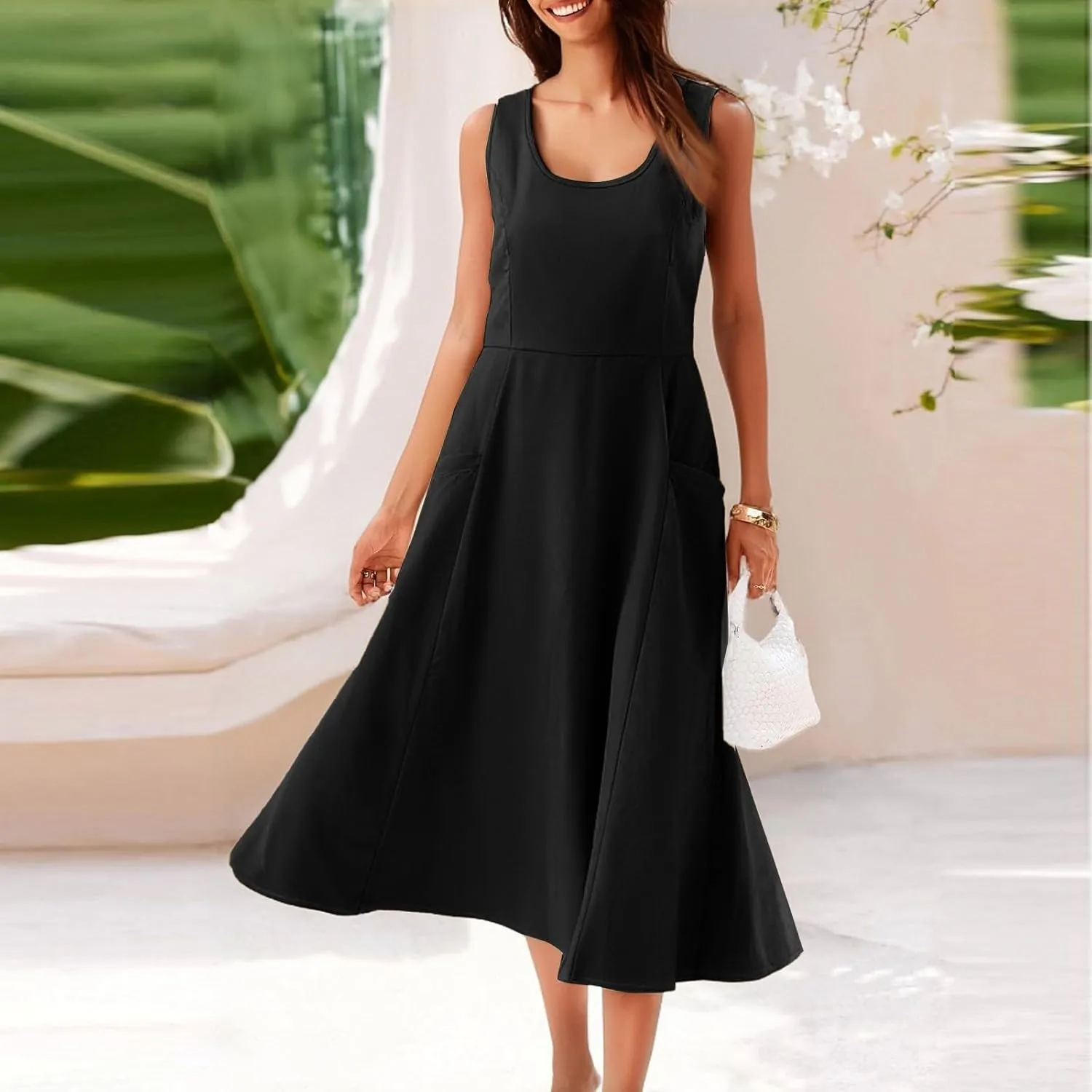 Womens 2025 Spring Summer Square Neck Sleeveless Flowy Swing Midi Dress Wedding Guest Prom Cocktail Party Dress