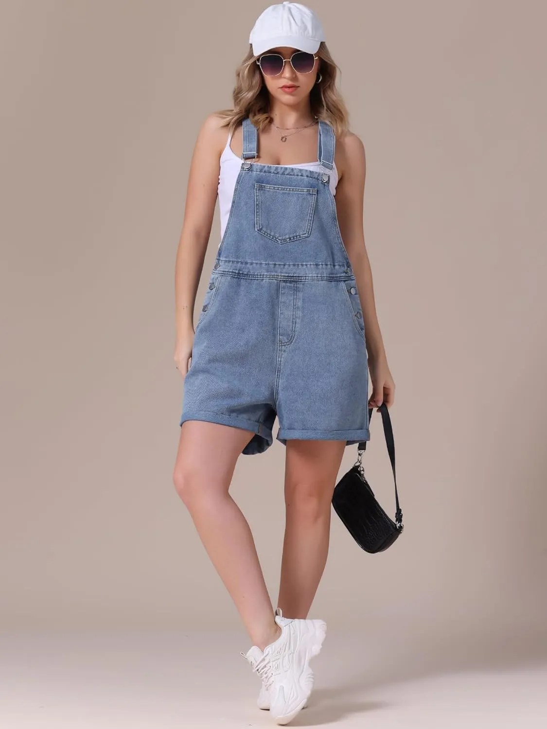 Women's Denim Overalls Shorts Adjustable Straps Loose Fit Summer Jean Romper Jumpsuit