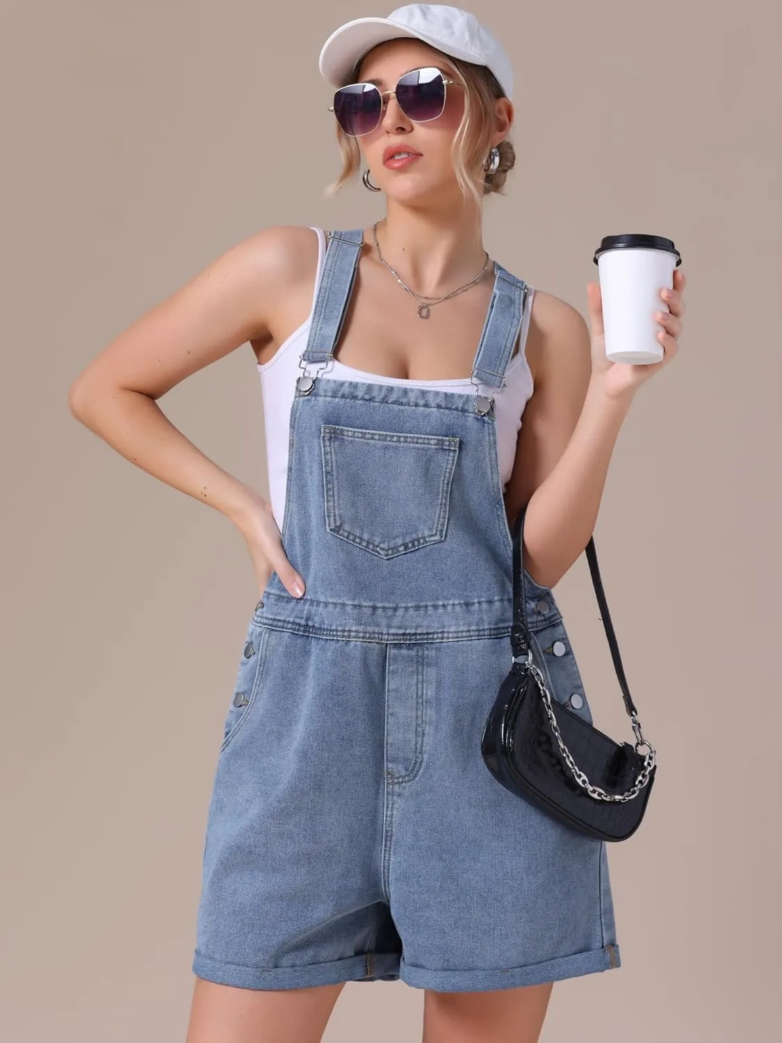 Women's Denim Overalls Shorts Adjustable Straps Loose Fit Summer Jean Romper Jumpsuit