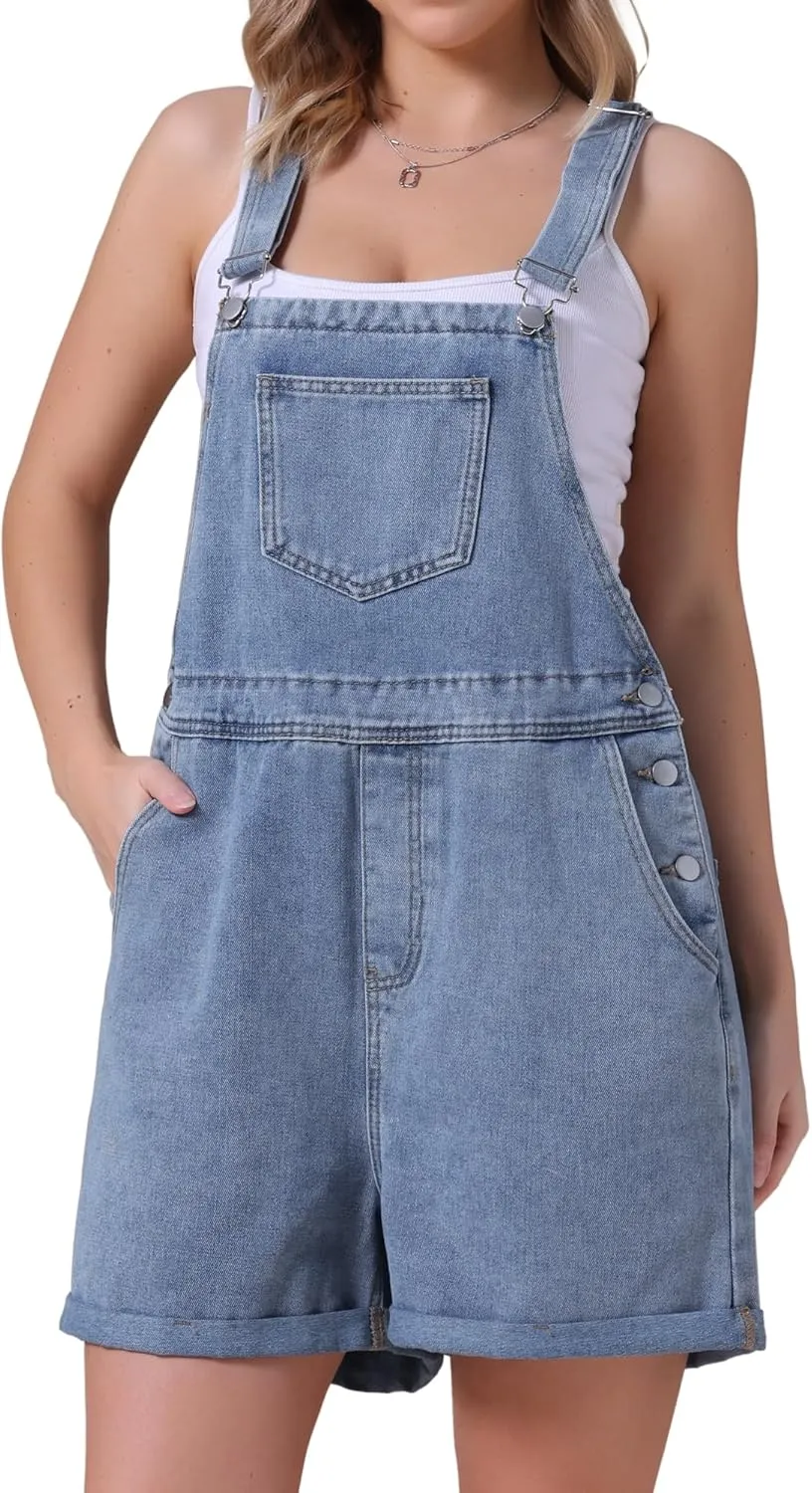 Women's Denim Overalls Shorts Adjustable Straps Loose Fit Summer Jean Romper Jumpsuit