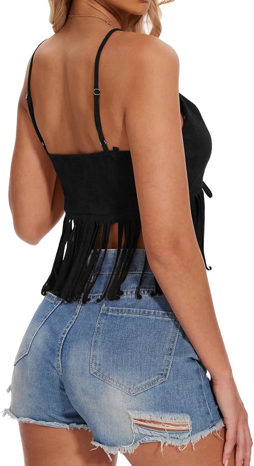 Womens Fringe Tank Top - Country Concert Outfits Festival Tassel Hem Sleeveless Y2k Camisole Cowgirl Shirts