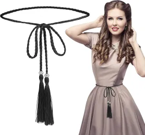 Women's Thin Braided Belt Trendy Boho Thin Belt Waistband Tassel Braided Waist Belt for Skirt Dress (Black)